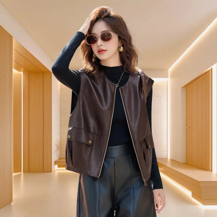 女士秋季宽松真皮马甲2025新款时尚休闲短款小个子高级感机车马夹