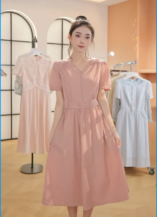 Z8297夏新款女装短袖连衣裙轻奢时尚收腰中长款裙子