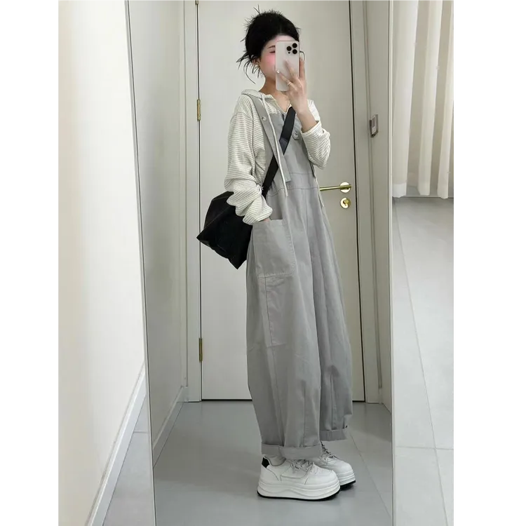 背带裤女春夏季小个子宽松显瘦减龄学院风小众连体萝卜哈伦裤套装