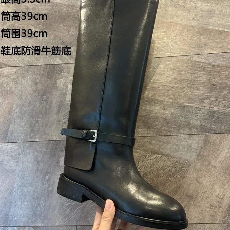 时尚裤管靴女宽筒长靴秋冬新品圆头皮带扣中跟套筒及膝高筒骑士靴
