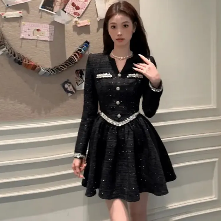 【长/短款】【有里布】小香风显瘦设计感气质高腰法式名媛连衣裙D0229