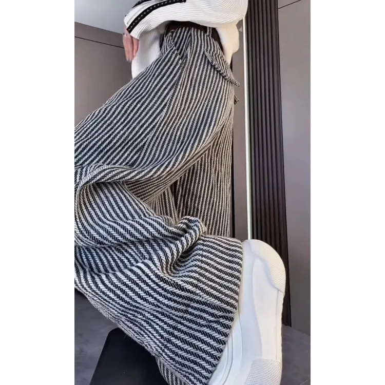 景倩妮时尚潮流松弛感条纹休闲裤2025冬季新款厚款显瘦宽松阔腿裤