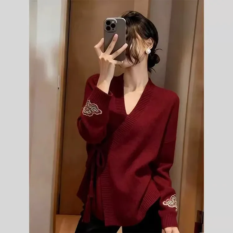 新中式国风毛衣女款2025新款慵懒高级感针织可外穿内搭上衣女秋冬