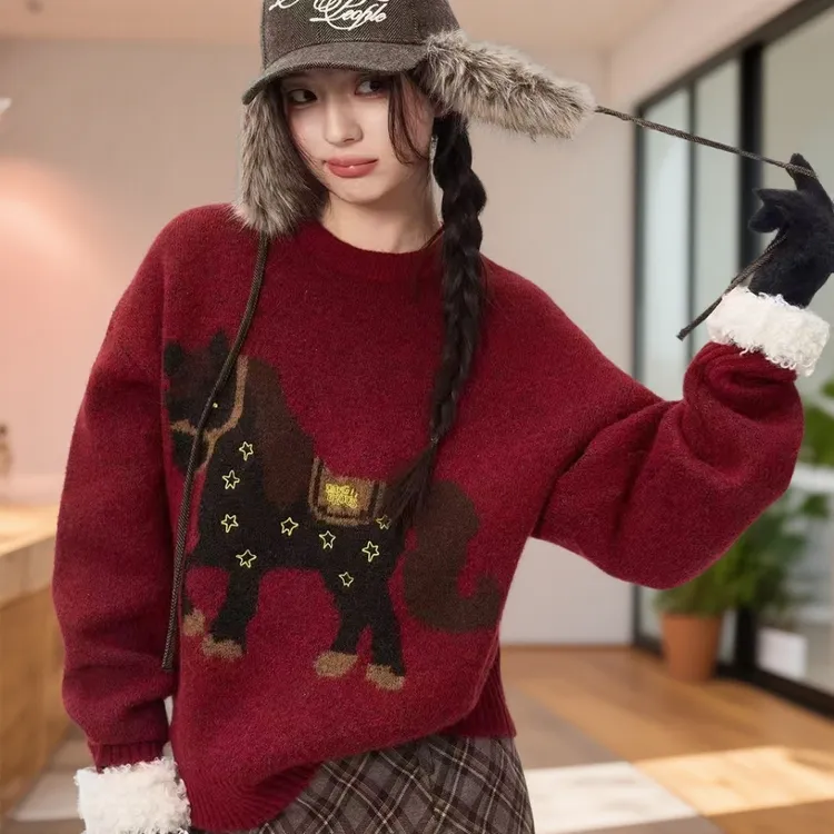 圣诞穿搭小马刺绣高级设计感针织衫秋冬宽松慵懒风保暖内搭毛衣女