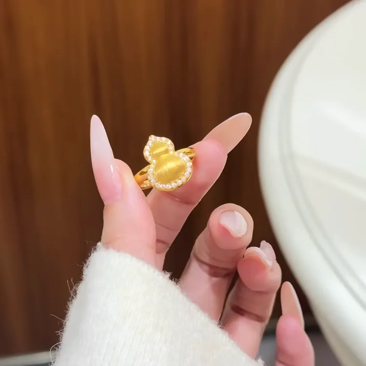 铜合金合成锆石戒指 新中式中古老钱风意大利拉丝工艺葫芦戒指女