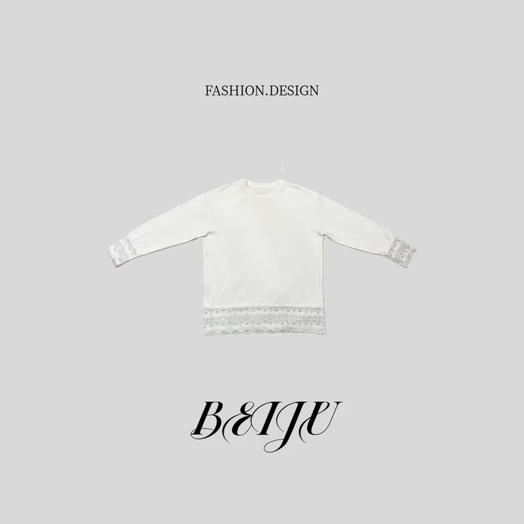 BEIJU【白月光】蕾丝拼接长袖T恤女白色圆领百搭高级感打底衫8414