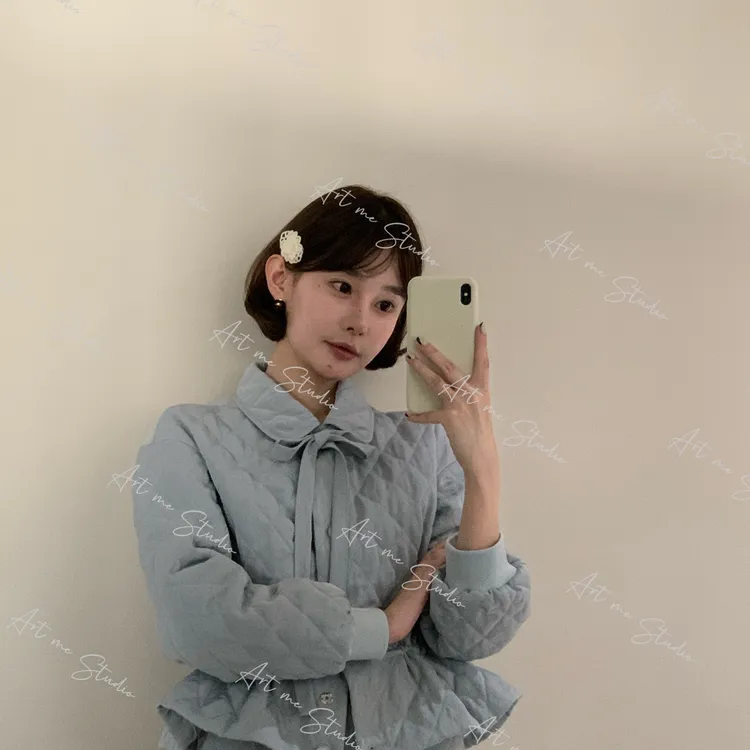 【ART ME】温柔系菱格纹蝴蝶领结学院风收腰两色套装w10000j2r