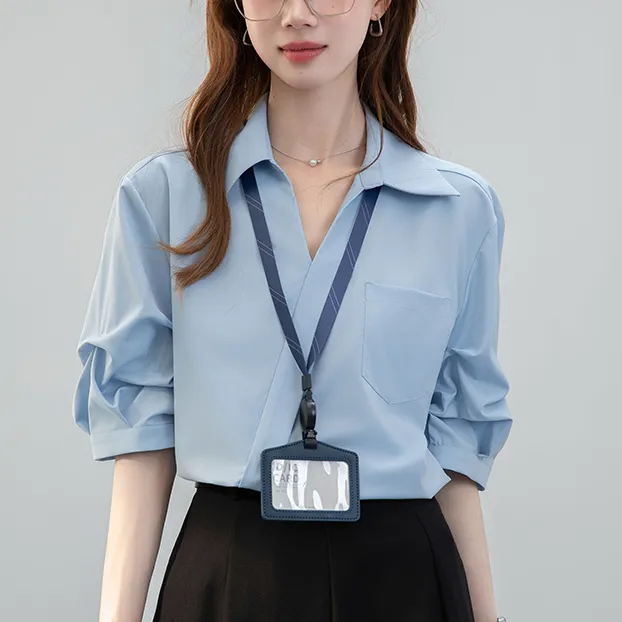 【气质利落】简约气质V领工装衬衫女泡泡袖宽松休闲面试职业上衣秋