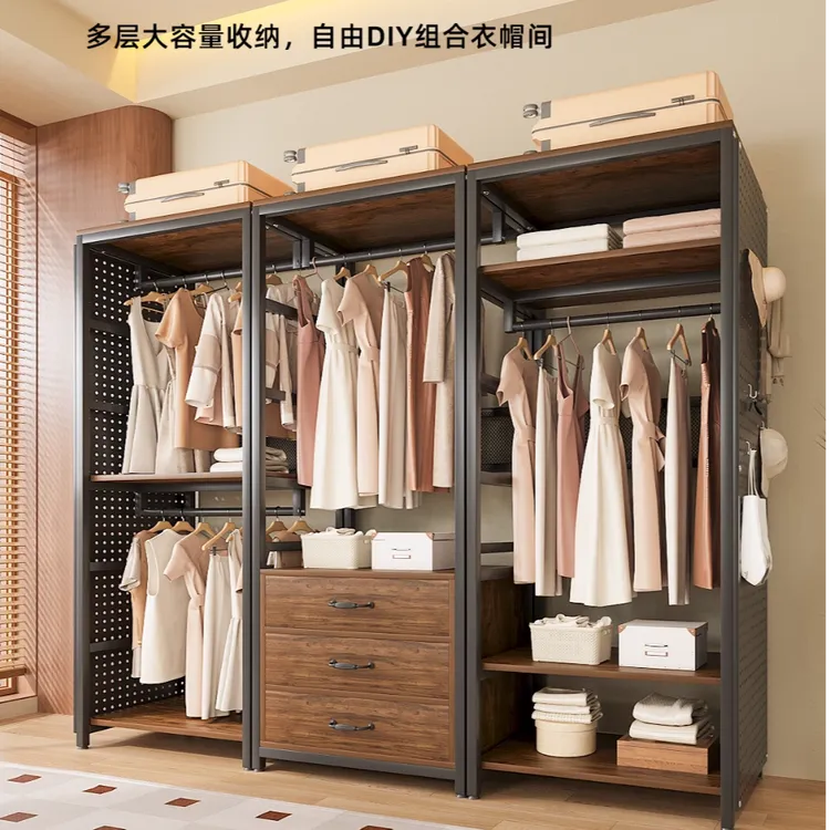 金属衣柜家用卧室落地挂大衣柜立式放衣服柜子开放式转角收纳衣柜