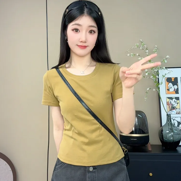 法式百搭U领短袖T恤女夏季新款韩版百搭修身显瘦纯色打底内搭上衣