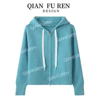 韩系设计感蕾丝抽绳短款针织衫外套女秋冬季加厚拉链宽松毛衣开衫