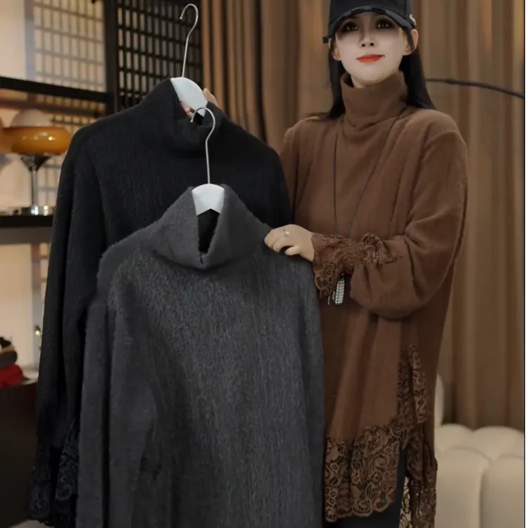 半高领长袖显瘦时尚网红中长款落肩袖打底衫蕾丝高领拼接秋冬