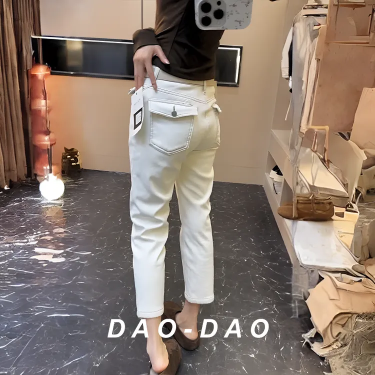 2025秋冬款米白色九分直筒烟管裤小个子休闲风加绒高腰弹力法棍裤