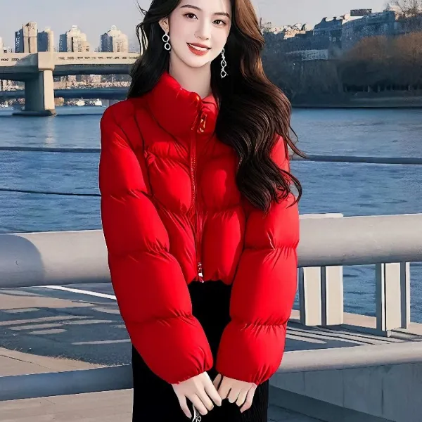 2025年冬季新款短款立领泡芙感新年红色棉服女装保暖面包服外套
