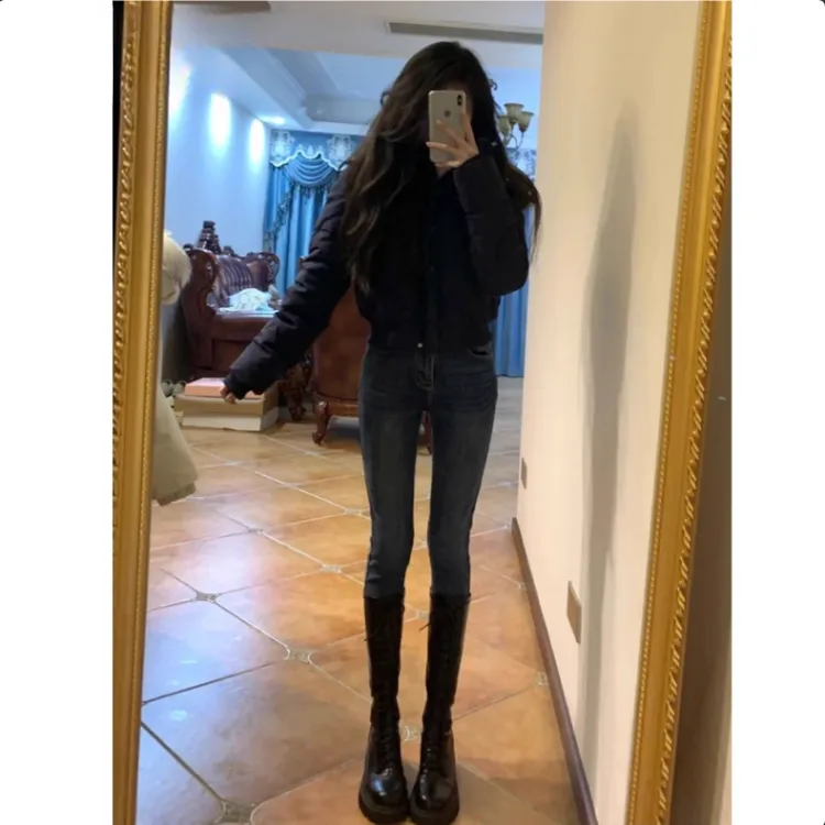 雪千羽复古蓝高腰小脚牛仔裤女秋2025新款显瘦弹力紧身九分铅笔裤