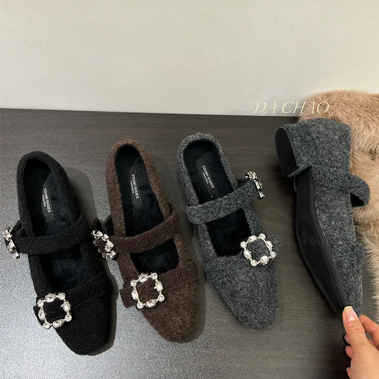 增高方头水钻单鞋女鞋子2025秋冬季加绒灰色毛毛鞋玛丽珍晚晚鞋