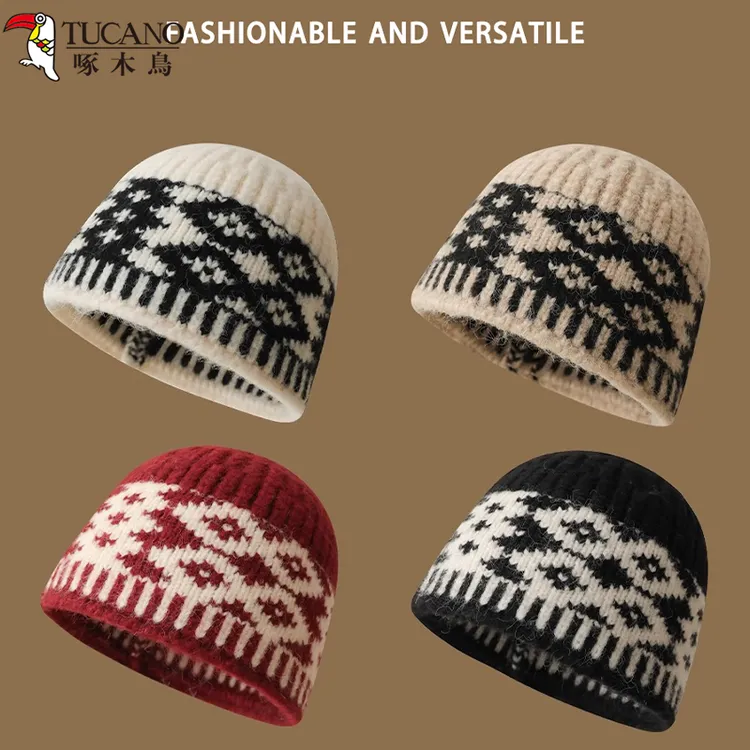 啄木鳥复古菱形提花针织韩国小众设计款毛线帽防寒护耳套头帽冬季