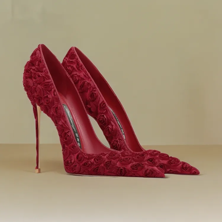 淑女风细跟高跟鞋秋冬新款高贵名媛仙女风酒红花朵精致洋气新娘鞋