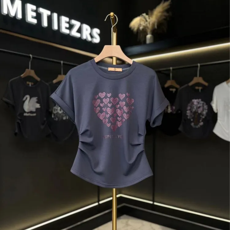 夏季新款浪漫桃心烫钻T恤夏季春夏时尚休闲Q24BT1731