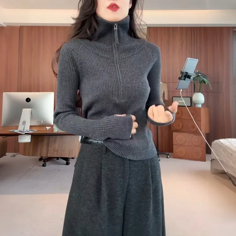 半拉链高领毛衣女秋冬2025新款打底针织衫宽松显瘦气质高级感上衣