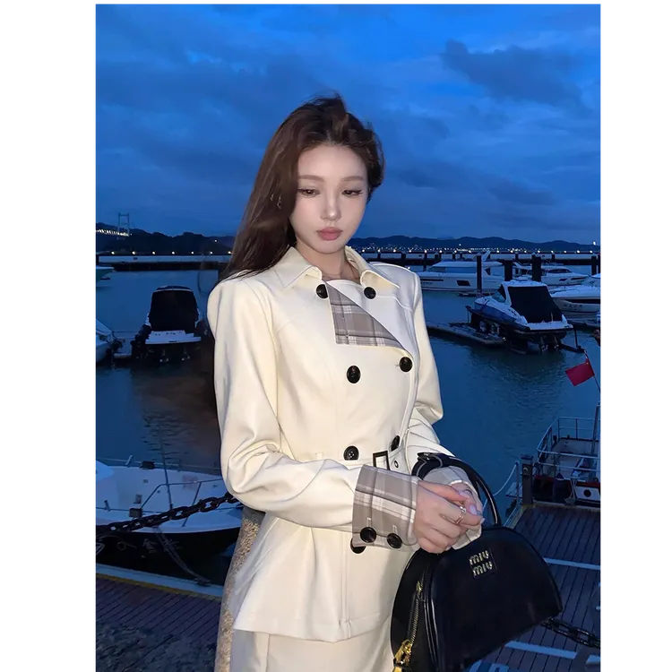 北川景子 骑士千金皮衣套装格纹撞色拼接套装气质高级感两件套女