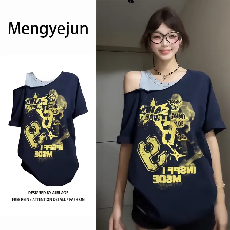 美式撞色拼接假两件时尚印花斜肩短袖t恤女夏季短袖修身显瘦上衣