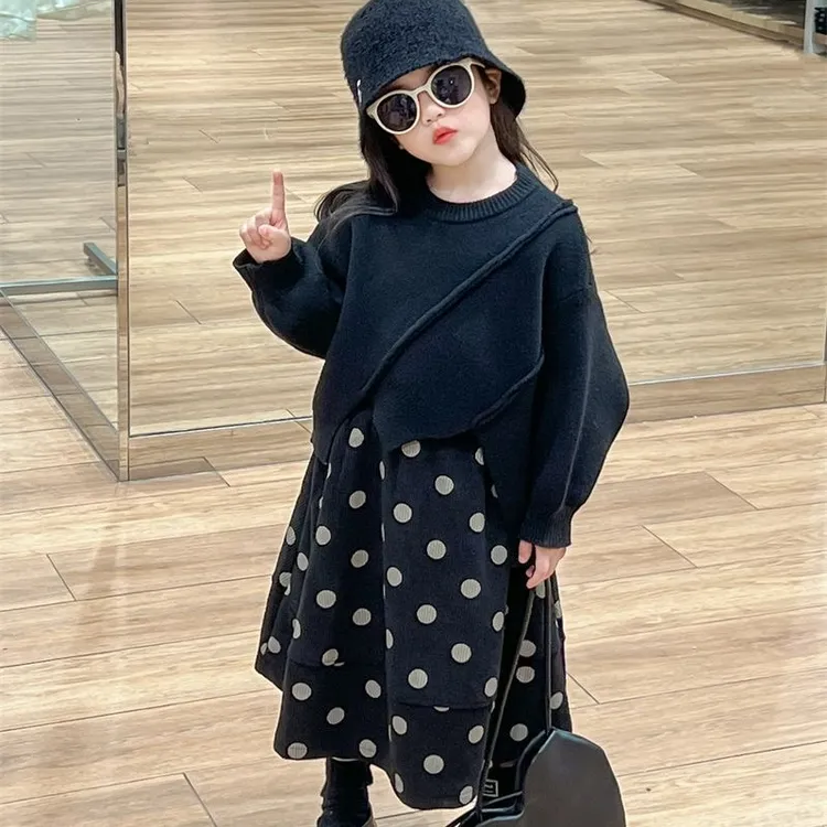 女童套装波点加绒半身裙韩版加厚女童毛衣洋气针织衫韩版两件套潮