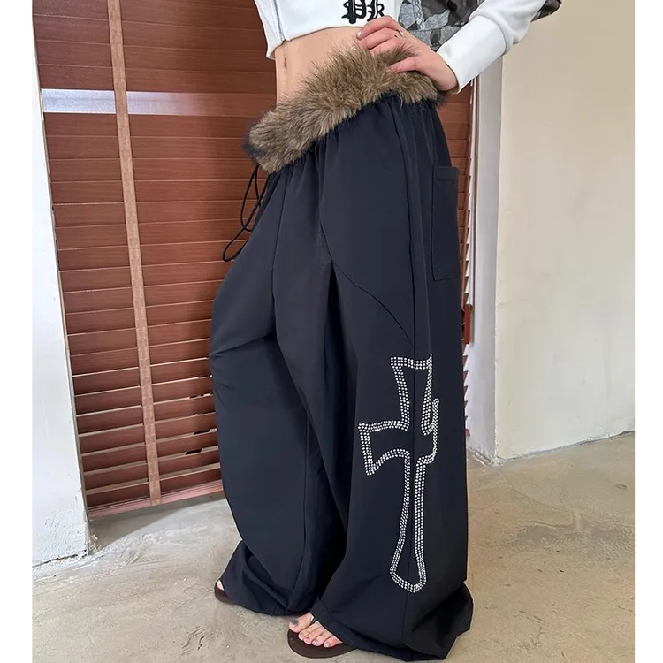 美式可拆卸毛领烫钻十字架阔腿休闲裤女宽松休闲辣妹潮流直筒长裤