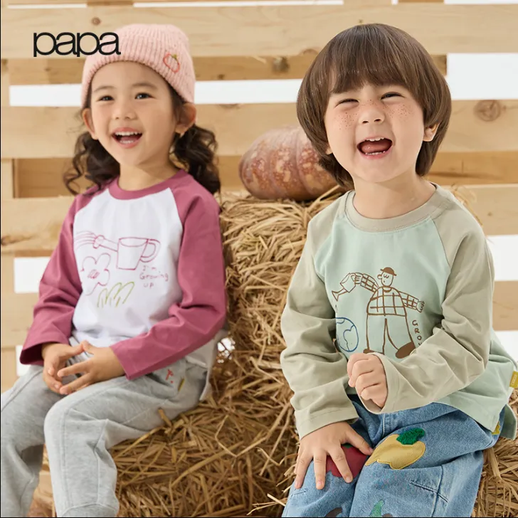 【插肩袖】papa爬爬秋季儿童t恤男女童长袖纯棉上衣休闲宽松