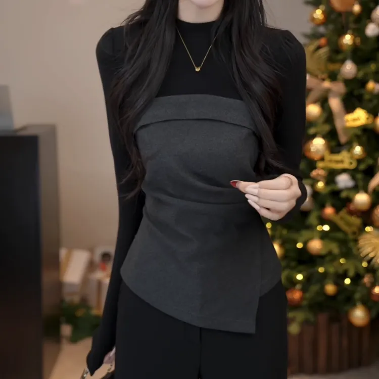 【童话王国】轻奢风不规则拼接收腰假两件T恤LK2509347