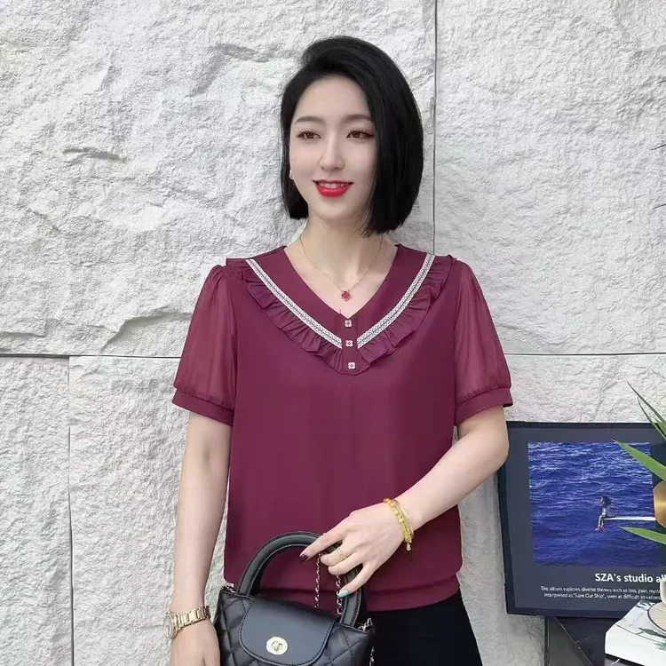 68991荷叶领烫钻圆领短袖小衫女2025夏季新款网纱拼接百搭上衣T恤