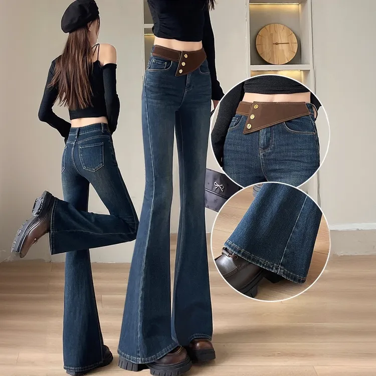 喇叭裤女修身高腰牛仔裤2025冬季加绒爆款修身梨型微胖微喇拖地裤