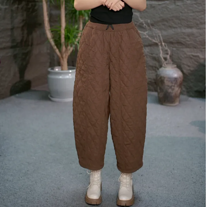【小菱形格加厚棉裤】冬季保暖女松紧腰款时尚加棉休闲百搭直筒棉裤