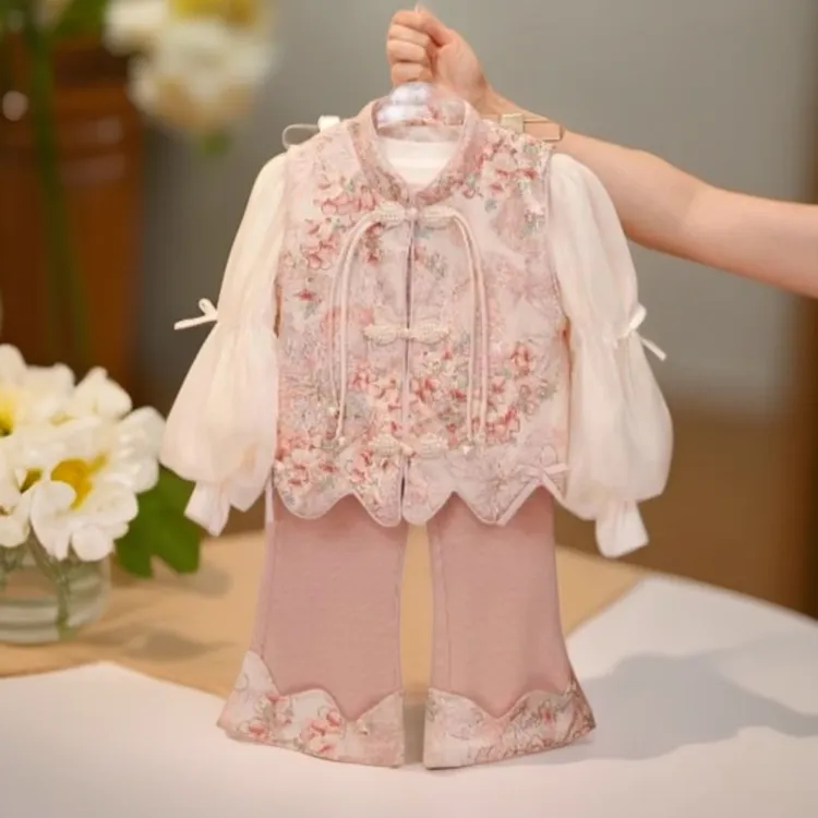 女童汉服春秋套装秋季新中式女童碎花民族风中国风长袖长裤日常