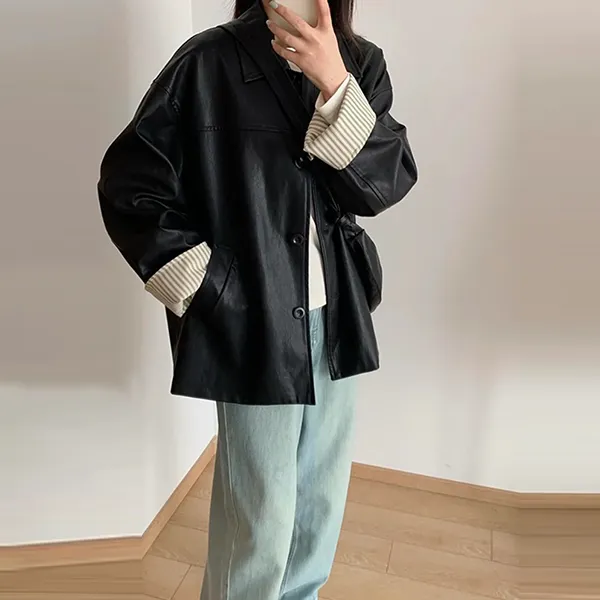 黑色皮衣外套女2025春秋新款小个子高级感超好看韩系休闲复古宽松