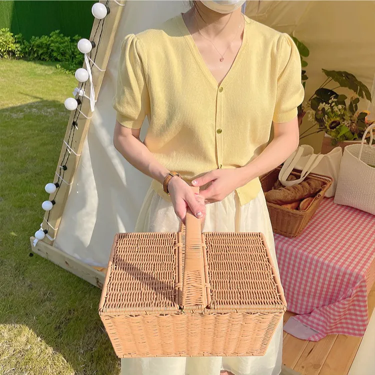 法式短袖t恤女夏薄牛油果绿泡泡袖针织小开衫冰丝短款v领上衣外套