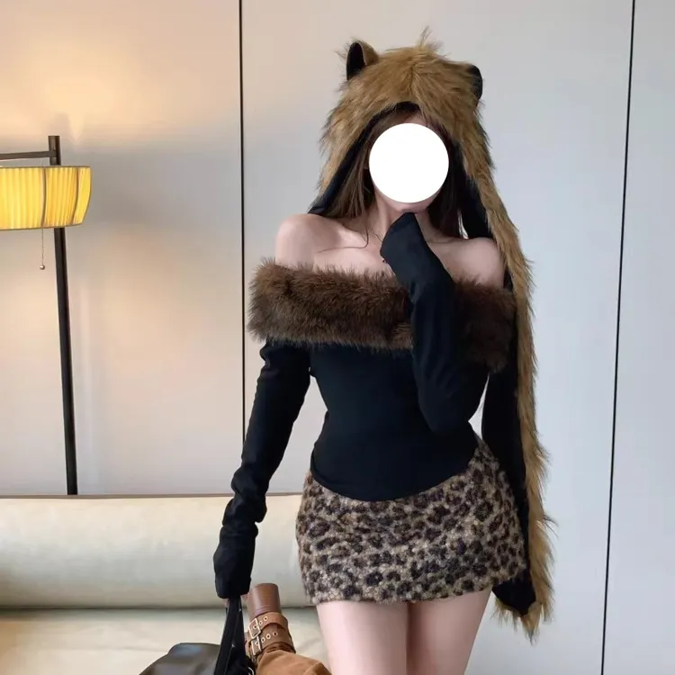 香肩反叛黑色毛毛领一字肩T恤长袖修身露肩抹胸辣妹上衣