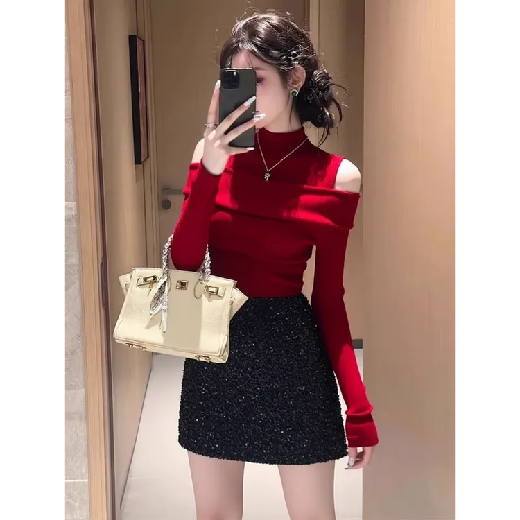 纯欲露肩纯色半高领修身显瘦毛衣针织衫女冬季新款辣妹性感上衣女