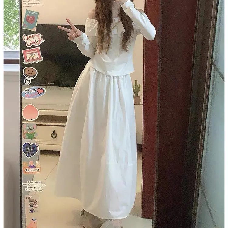秋天套装女装2025新款法式荷叶边露肩长袖上衣白色中长裙子两件套