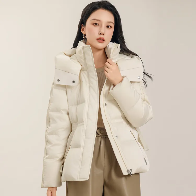 高端时尚连帽加厚保暖羽绒服冬季新款90白鸭绒收腰合身羽绒外套女