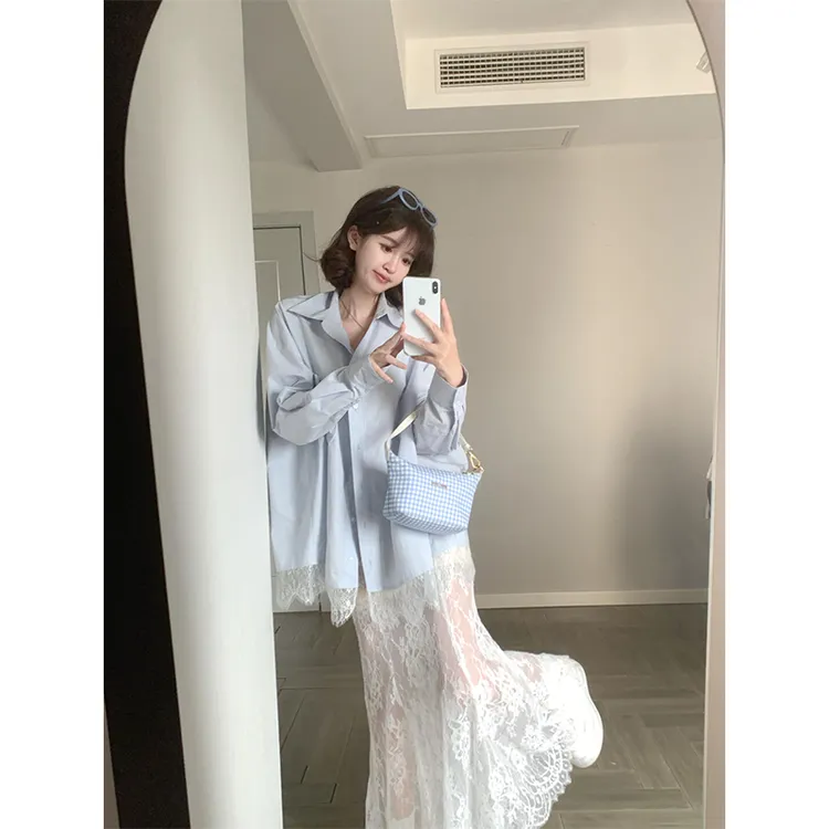 女生开春衣服2025春秋新款蕾丝拼接蓝色衬衫上衣高腰显瘦半身裙