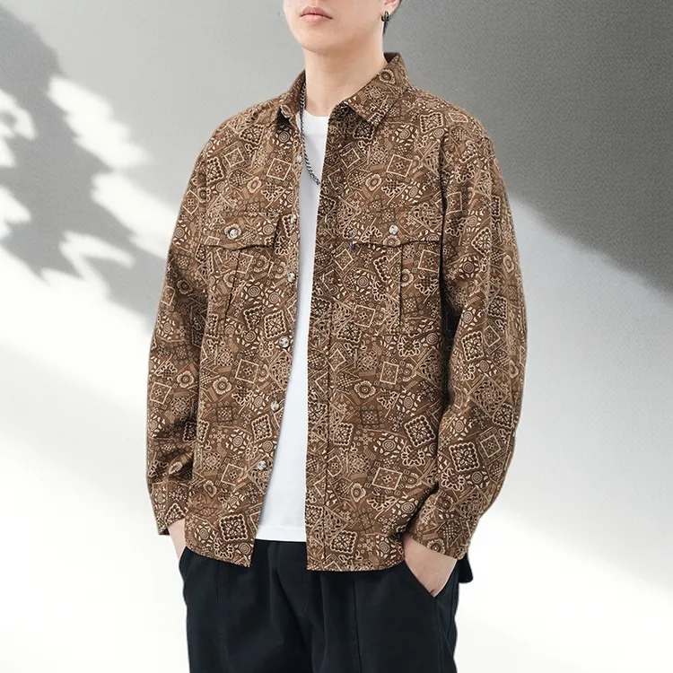 轻奢高档日系复古衬衫男2025初秋新款美式数码印花休闲衬衣外套