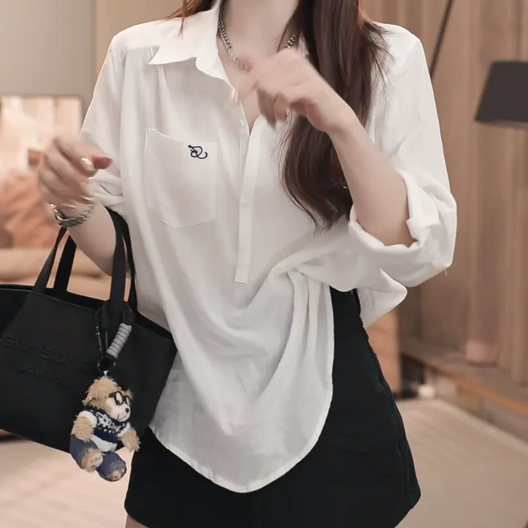 夏季新款纯色防晒INS风翻领衬衣女2025新款夏季时尚洋气衬衣休闲