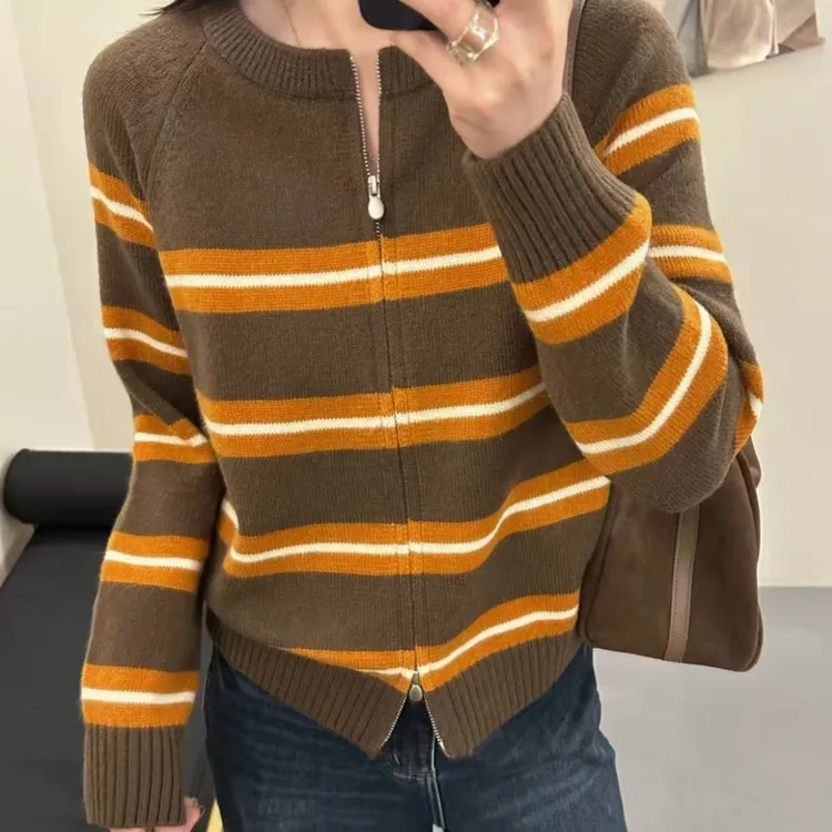 常规款针织百搭秋冬针织衫拼色圆领毛衣条纹拉链开衫女1447