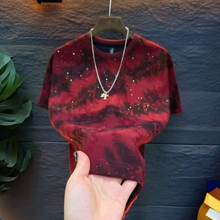 秋冬季新款男士轻奢潮流满天星破洞时尚百搭圆领舒适个性短袖T恤