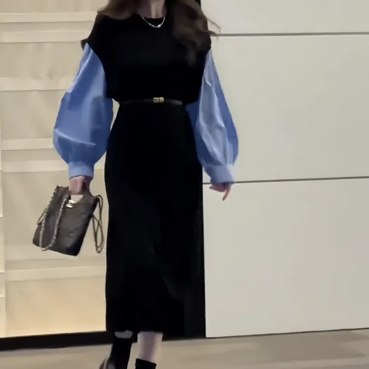 早秋韩系赫本风黑色假两件长袖连衣裙温柔气质小众时尚长款连衣裙