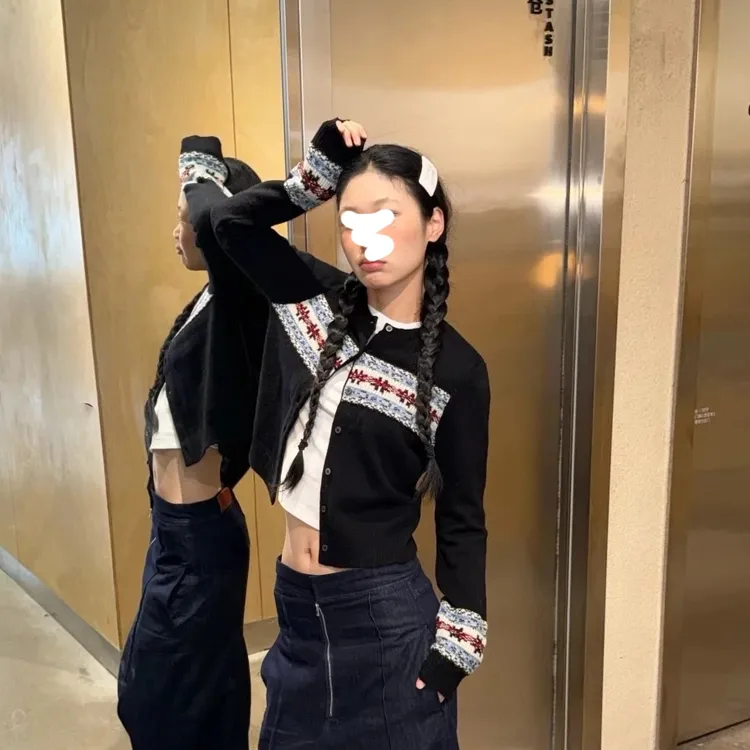 美式复古浪漫费尔岛针织开衫女秋冬季撞色提花长袖毛衣外套