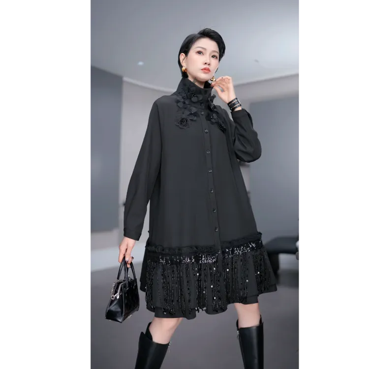 鑫鑫晚宴场合女装衬衫裙暗黑立体花冬季流苏高级感连衣裙33738