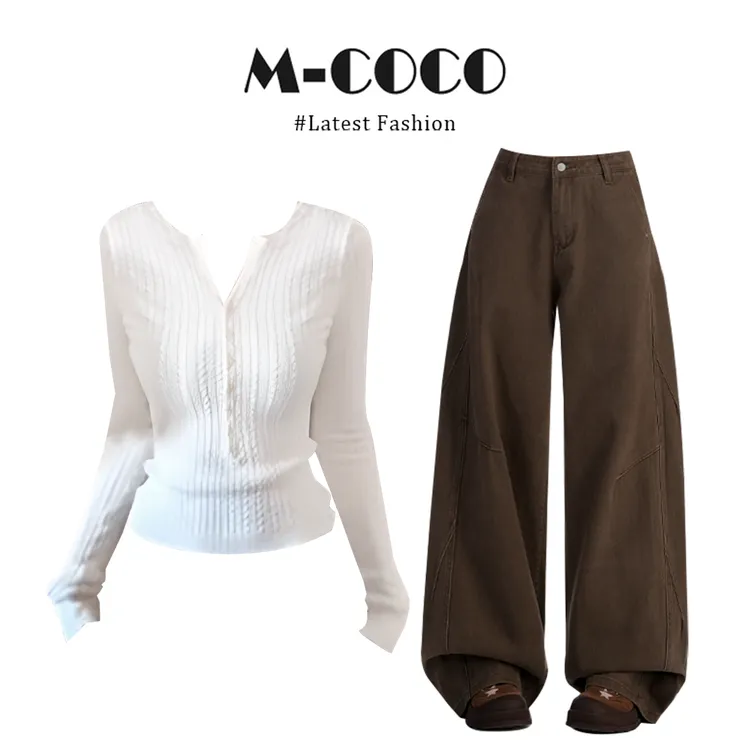 INS CEC纯欲辣妹穿搭显瘦长袖针织毛衣休闲裤巨好看的早秋套装