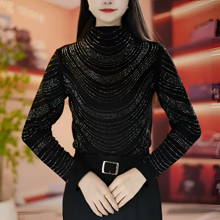 秋冬新款烫钻显瘦洋气时尚百搭长袖半高领女士上衣简约修身小衫